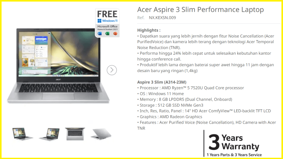 gambar banner Acer Aspire 3 Slim A314-23M-R897 (NX.KEXSN.009) dari inti solusi integra