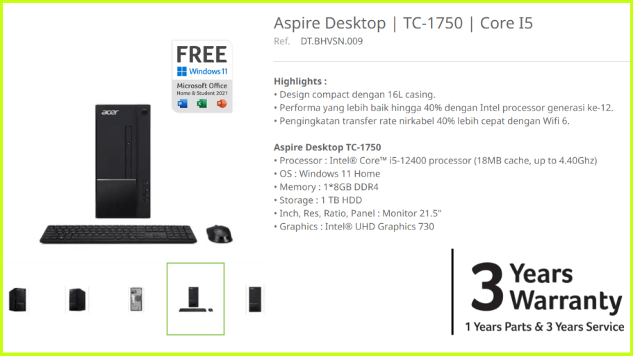 gambar Desktop PC Acer Aspire TC-1750 (DT.BHVSN.009) dari inti-solusi.com